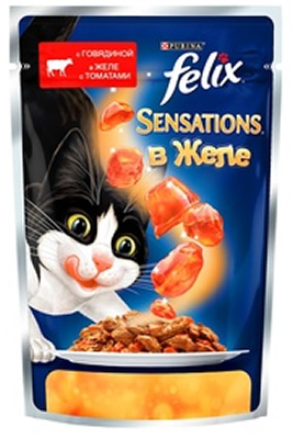Корм Felix Sensations 85 гр. кусочки в желе  с говядиной и томатами