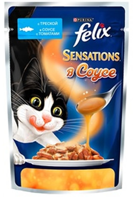 Корм Felix Sensations 85 гр. кусочки в соусе треска с томатами